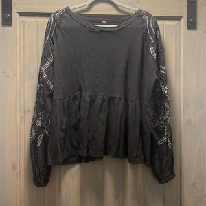 Free People Black Sheer Long Sleeve Top with Floral Appliqué